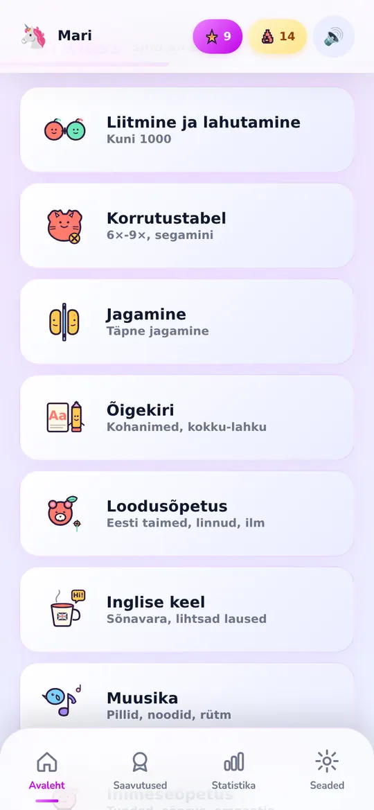 Ainete nimekiri 3. klassile mängulisemate karakter-ikoonidega