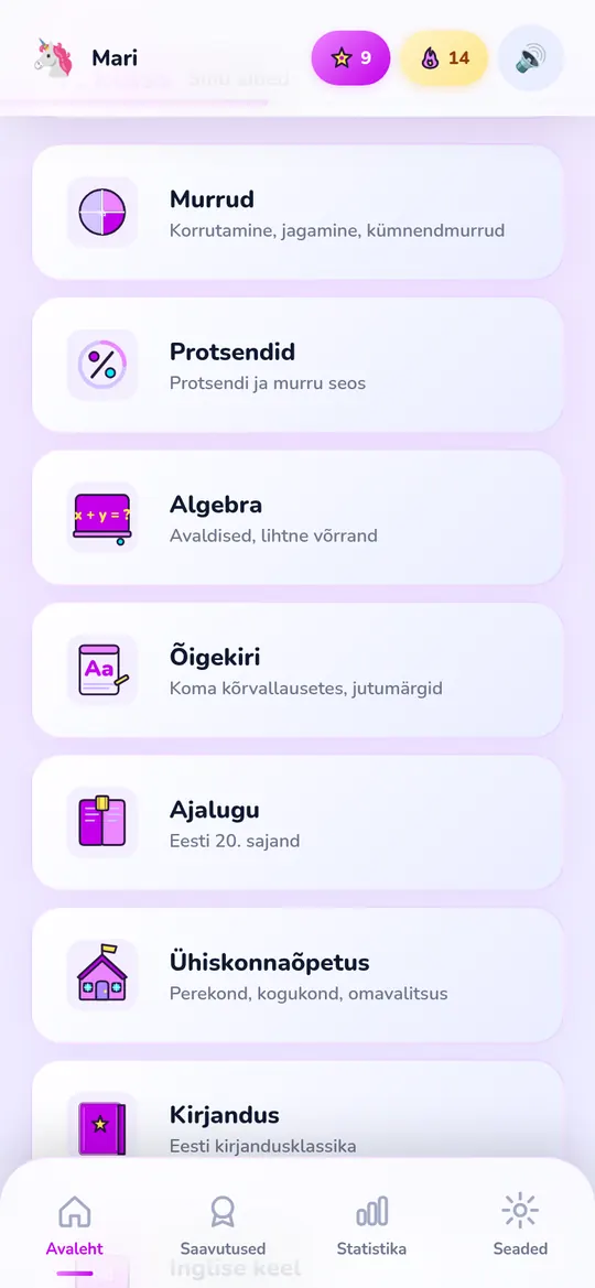 Ainete nimekiri 7. klassile küpsemate ikoonidega