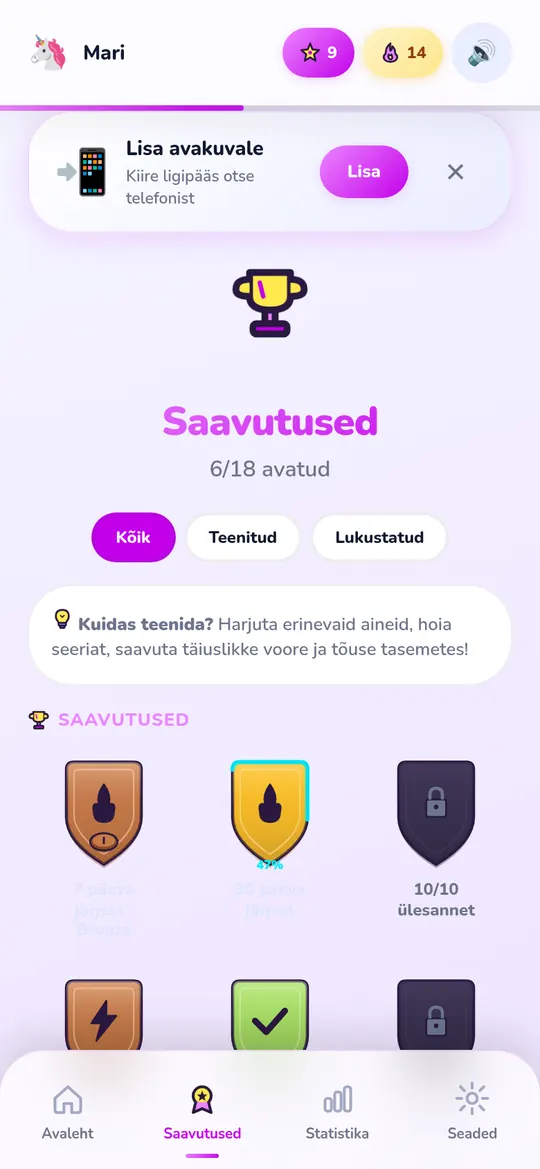 Saavutuste vaade teenitud märkidega